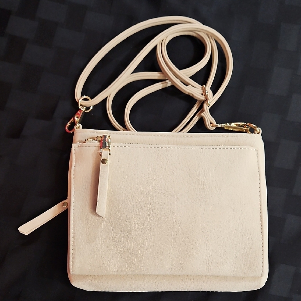 Miztique Cream Faux Leather Triple Compartment Crossbody Bag